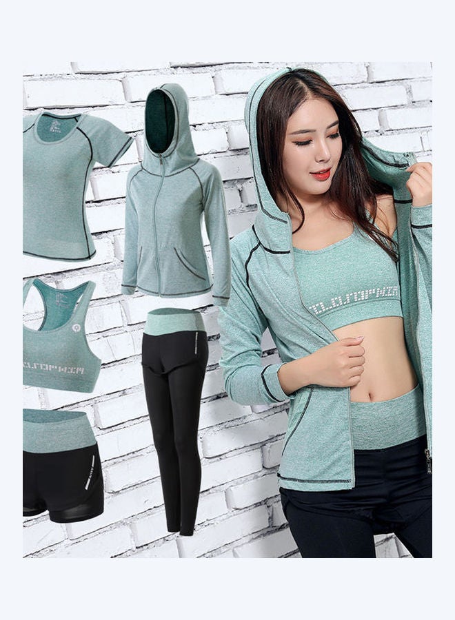5-Piece Gym Running Sport Yoga Bra Shorts Pant Trousers Top Coat Tracksuit Green - Image 2
